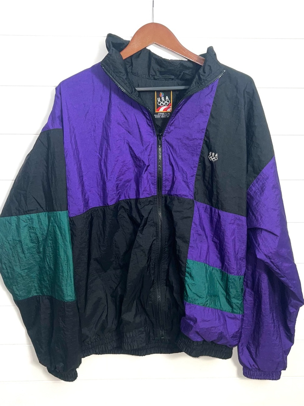 Vintage 90s USA Olympic Windbreaker Jacket Purple Teal Black Colorblock LT L XL